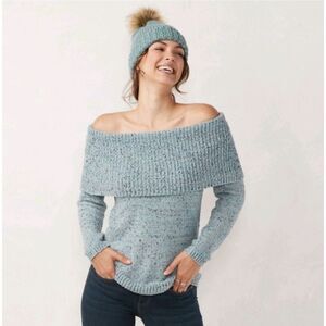 NWT LC Lauren Conrad Blue Marled Knit Chenille Off Shoulder Sweater Women's XS